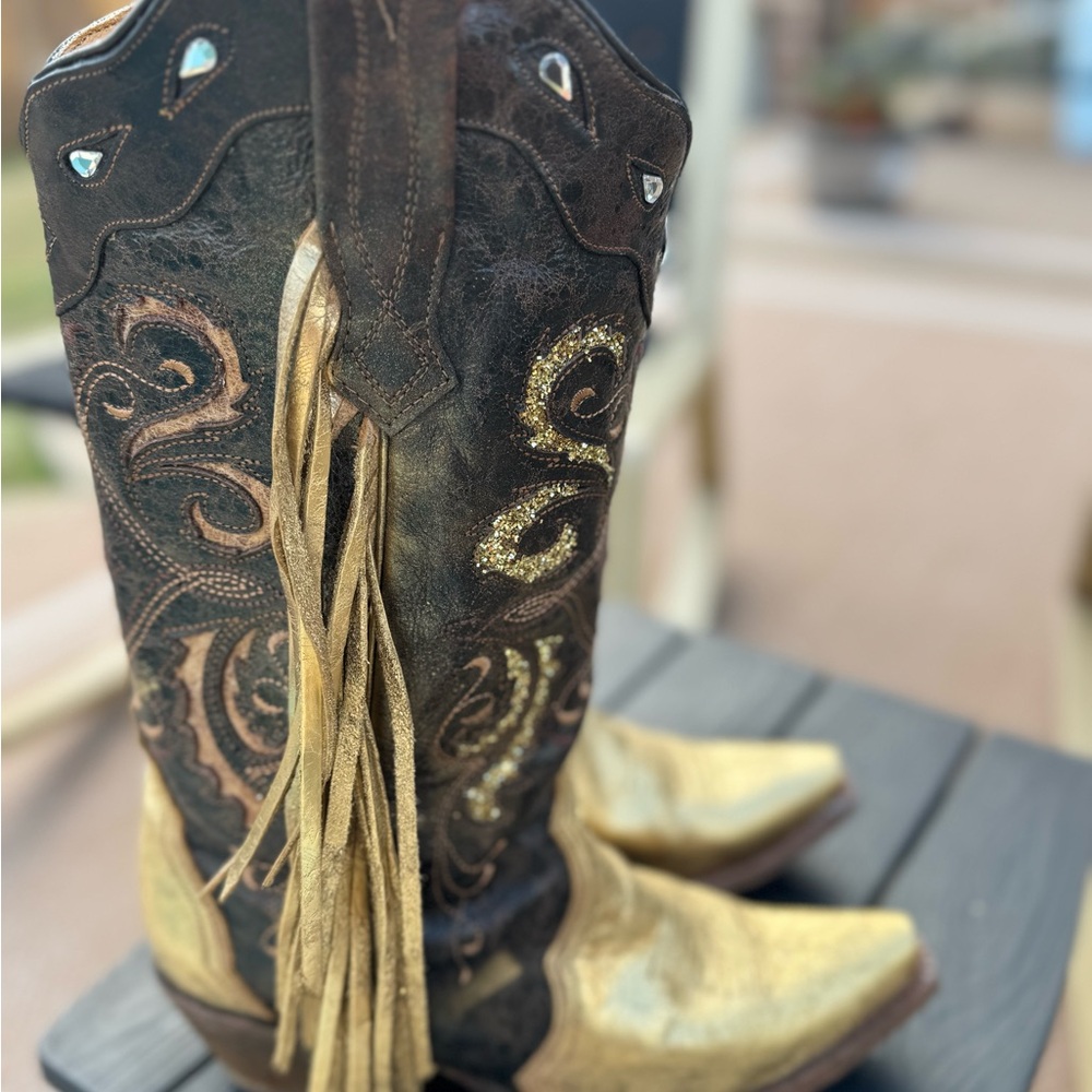 Custom Corral Elegant Gold and Brown, glittered, rhinestone Heeled Boots - Picture 5 of 13
